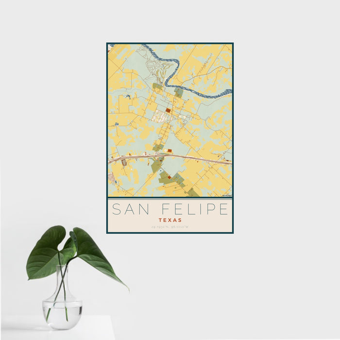 16x24 San Felipe Texas Map Print Portrait Orientation in Woodblock Style With Tropical Plant Leaves in Water
