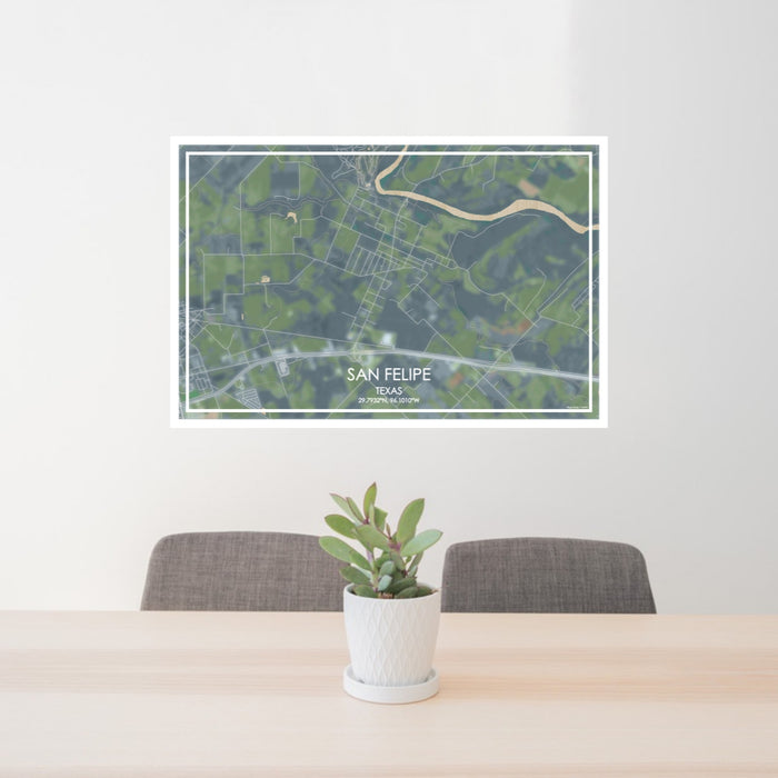 24x36 San Felipe Texas Map Print Lanscape Orientation in Afternoon Style Behind 2 Chairs Table and Potted Plant