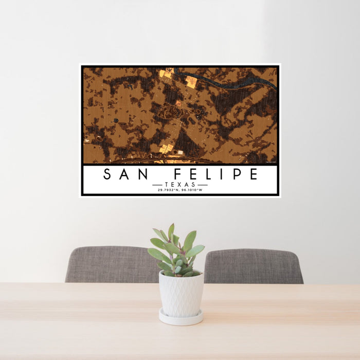 24x36 San Felipe Texas Map Print Lanscape Orientation in Ember Style Behind 2 Chairs Table and Potted Plant