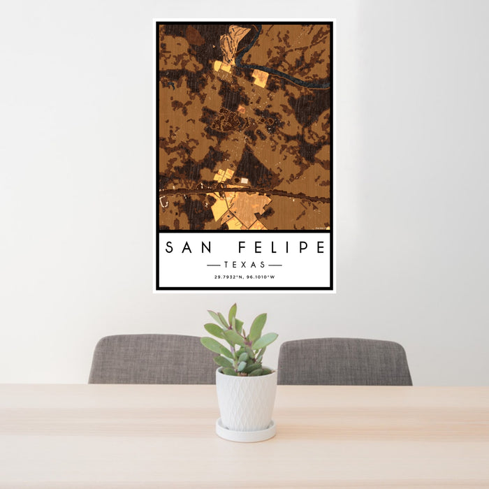 24x36 San Felipe Texas Map Print Portrait Orientation in Ember Style Behind 2 Chairs Table and Potted Plant