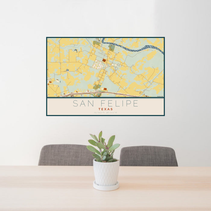 24x36 San Felipe Texas Map Print Lanscape Orientation in Woodblock Style Behind 2 Chairs Table and Potted Plant
