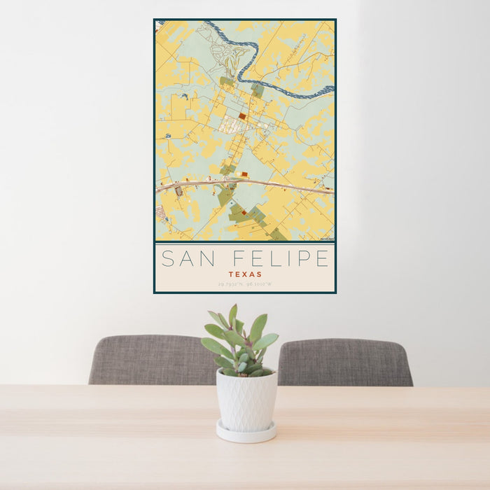 24x36 San Felipe Texas Map Print Portrait Orientation in Woodblock Style Behind 2 Chairs Table and Potted Plant