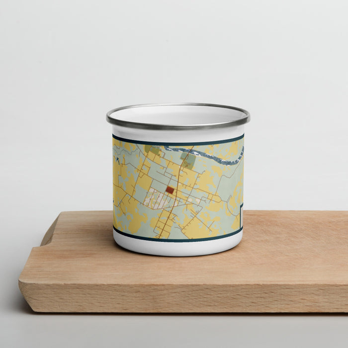 Front View Custom San Felipe Texas Map Enamel Mug in Woodblock on Cutting Board