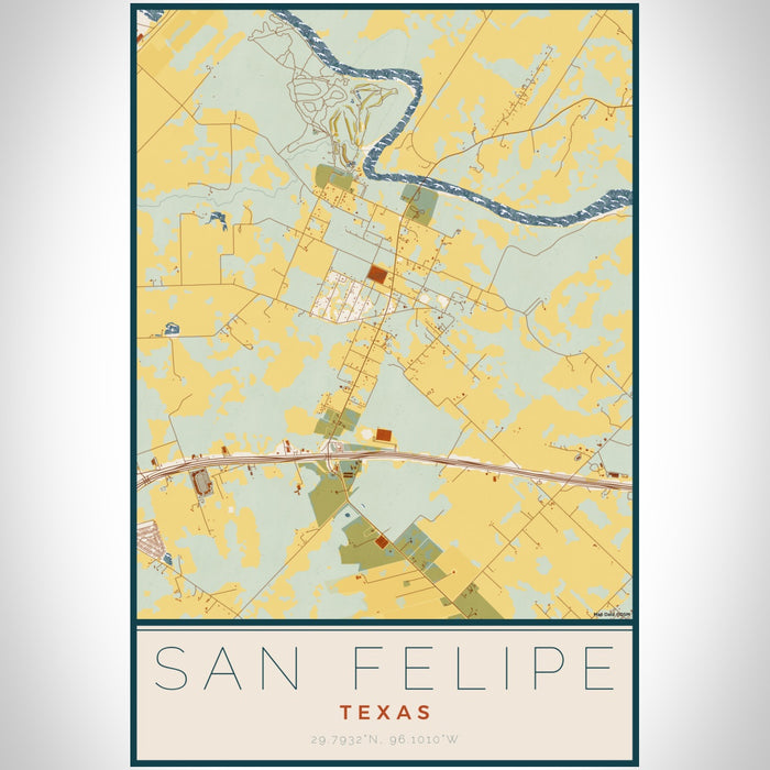 San Felipe Texas Map Print Portrait Orientation in Woodblock Style With Shaded Background