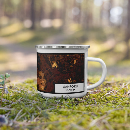Right View Custom Sanford Florida Map Enamel Mug in Ember on Grass With Trees in Background