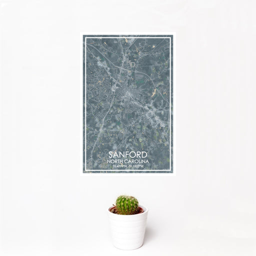 12x18 Sanford North Carolina Map Print Portrait Orientation in Afternoon Style With Small Cactus Plant in White Planter