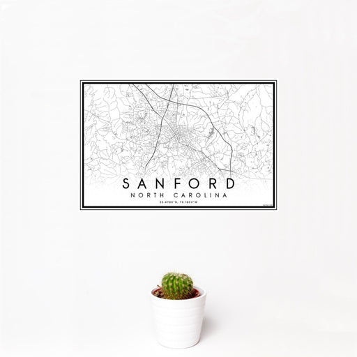 12x18 Sanford North Carolina Map Print Landscape Orientation in Classic Style With Small Cactus Plant in White Planter