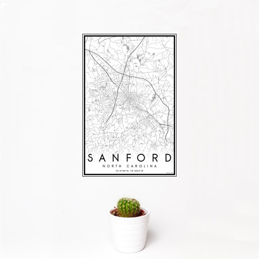 12x18 Sanford North Carolina Map Print Portrait Orientation in Classic Style With Small Cactus Plant in White Planter