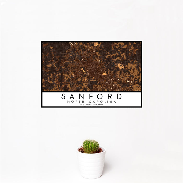 12x18 Sanford North Carolina Map Print Landscape Orientation in Ember Style With Small Cactus Plant in White Planter