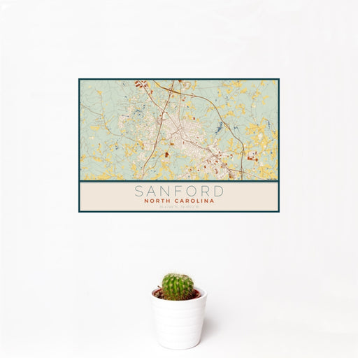 12x18 Sanford North Carolina Map Print Landscape Orientation in Woodblock Style With Small Cactus Plant in White Planter