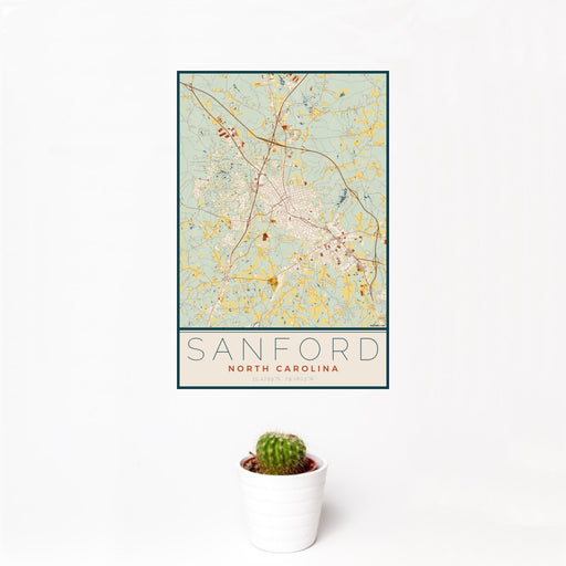 12x18 Sanford North Carolina Map Print Portrait Orientation in Woodblock Style With Small Cactus Plant in White Planter