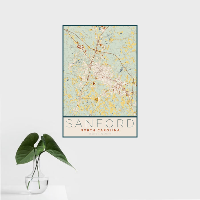 16x24 Sanford North Carolina Map Print Portrait Orientation in Woodblock Style With Tropical Plant Leaves in Water