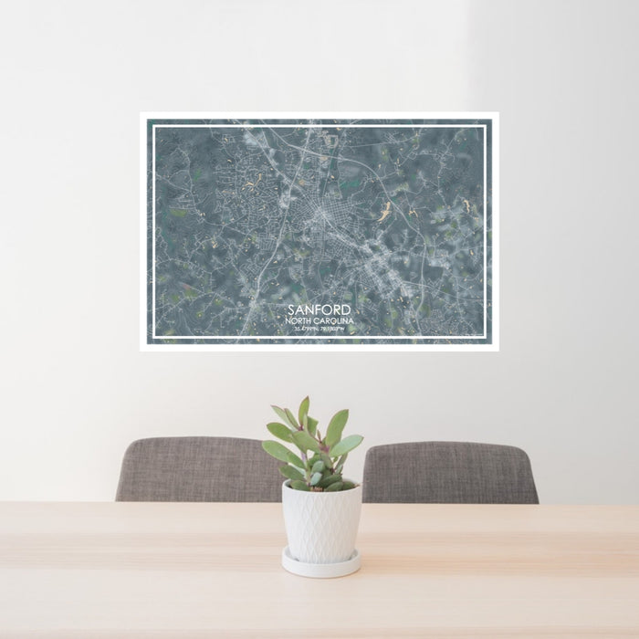 24x36 Sanford North Carolina Map Print Lanscape Orientation in Afternoon Style Behind 2 Chairs Table and Potted Plant