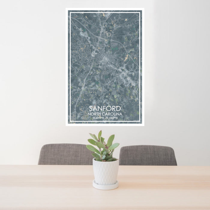 24x36 Sanford North Carolina Map Print Portrait Orientation in Afternoon Style Behind 2 Chairs Table and Potted Plant