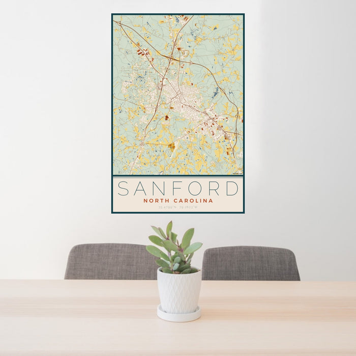 24x36 Sanford North Carolina Map Print Portrait Orientation in Woodblock Style Behind 2 Chairs Table and Potted Plant