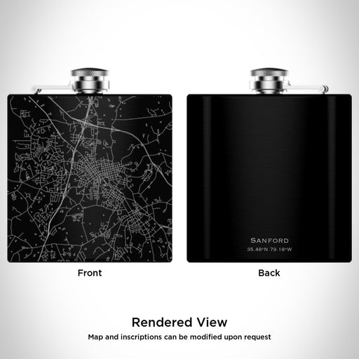 Rendered View of Sanford North Carolina Map Engraving on 6oz Stainless Steel Flask in Black