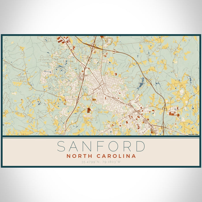 Sanford North Carolina Map Print Landscape Orientation in Woodblock Style With Shaded Background