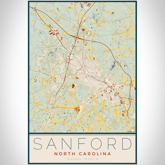 Sanford North Carolina Map Print Portrait Orientation in Woodblock Style With Shaded Background