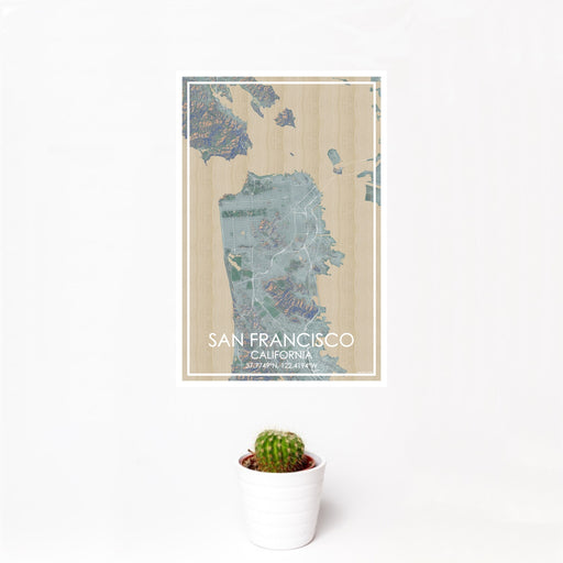 12x18 San Francisco California Map Print Portrait Orientation in Afternoon Style With Small Cactus Plant in White Planter