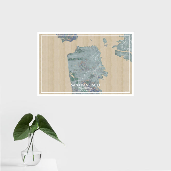16x24 San Francisco California Map Print Landscape Orientation in Afternoon Style With Tropical Plant Leaves in Water