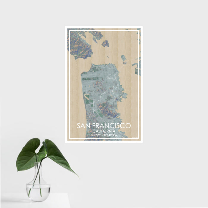 16x24 San Francisco California Map Print Portrait Orientation in Afternoon Style With Tropical Plant Leaves in Water