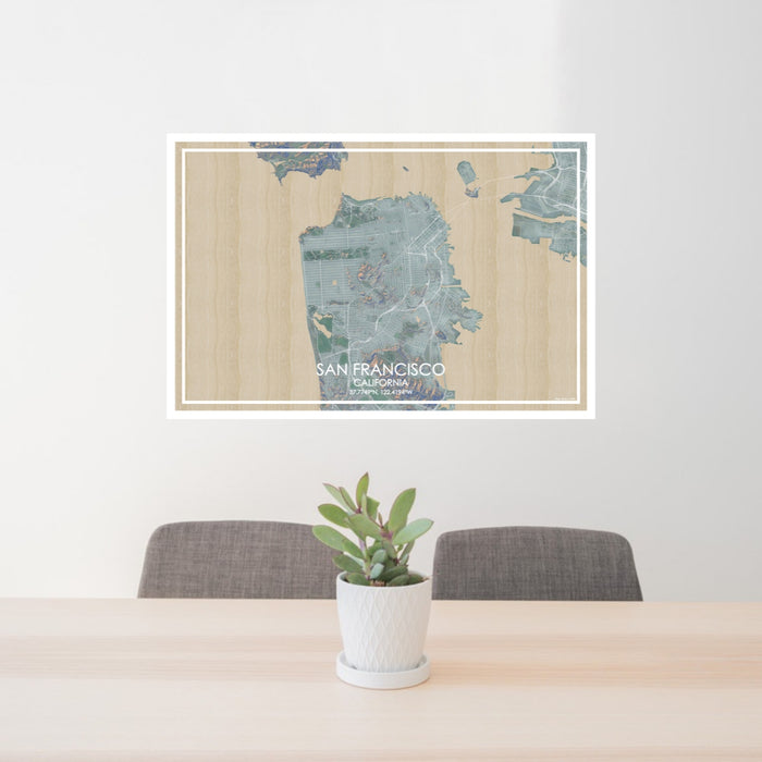 24x36 San Francisco California Map Print Lanscape Orientation in Afternoon Style Behind 2 Chairs Table and Potted Plant