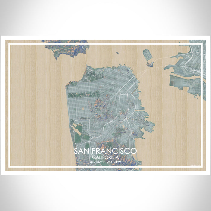 San Francisco California Map Print Landscape Orientation in Afternoon Style With Shaded Background