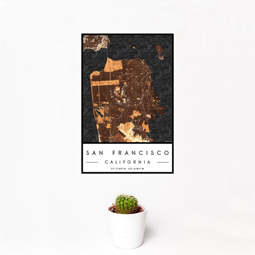 12x18 San Francisco California Map Print Portrait Orientation in Ember Style With Small Cactus Plant in White Planter