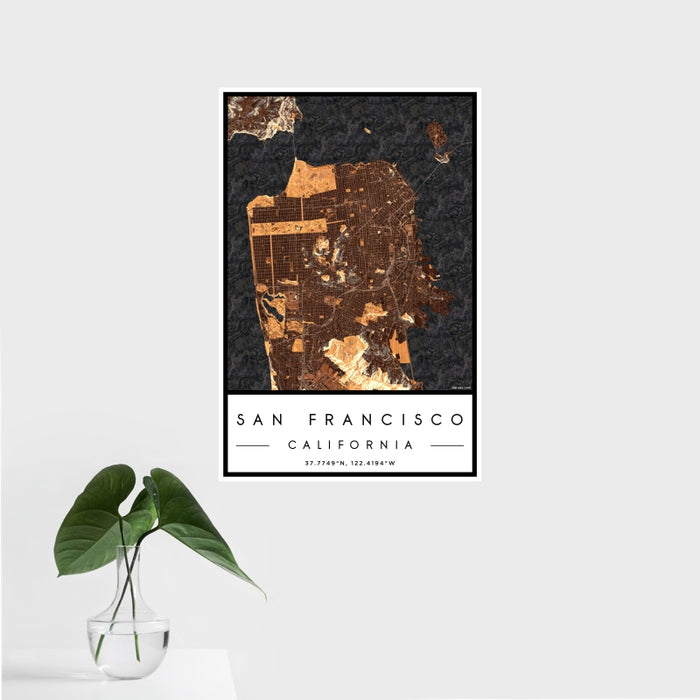 16x24 San Francisco California Map Print Portrait Orientation in Ember Style With Tropical Plant Leaves in Water