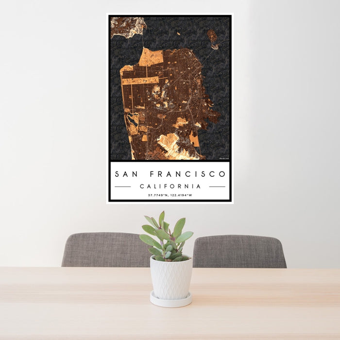 24x36 San Francisco California Map Print Portrait Orientation in Ember Style Behind 2 Chairs Table and Potted Plant
