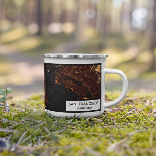 Right View Custom San Francisco California Map Enamel Mug in Ember on Grass With Trees in Background