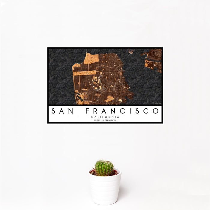 12x18 San Francisco California Map Print Landscape Orientation in Ember Style With Small Cactus Plant in White Planter