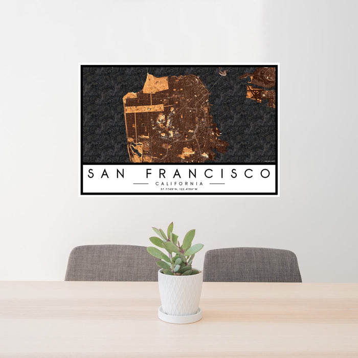 24x36 San Francisco California Map Print Landscape Orientation in Ember Style Behind 2 Chairs Table and Potted Plant