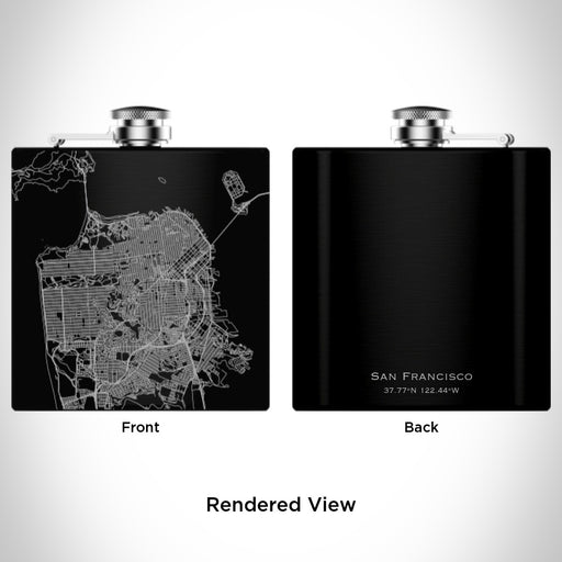 Rendered View of San Francisco California Map Engraving on 6oz Stainless Steel Flask in Black