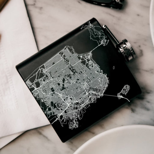 San Francisco California Custom Engraved City Map Inscription Coordinates on 6oz Stainless Steel Flask in Black