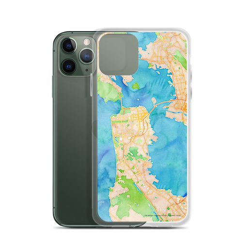Custom San Francisco California Map Phone Case in Watercolor on Table with Laptop and Plant