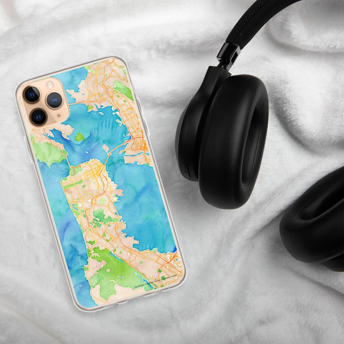 Custom San Francisco California Map Phone Case in Watercolor on Table with Black Headphones