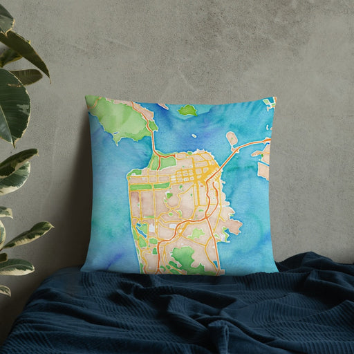Custom San Francisco California Map Throw Pillow in Watercolor on Bedding Against Wall