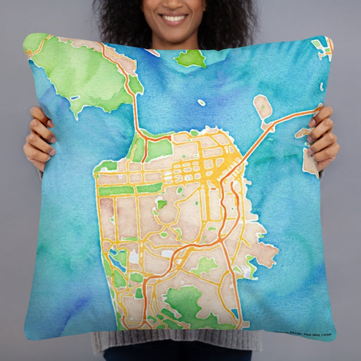 Person holding 22x22 Custom San Francisco California Map Throw Pillow in Watercolor