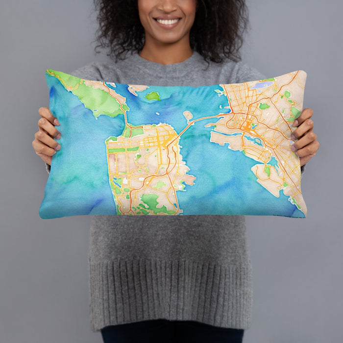 Person holding 20x12 Custom San Francisco California Map Throw Pillow in Watercolor
