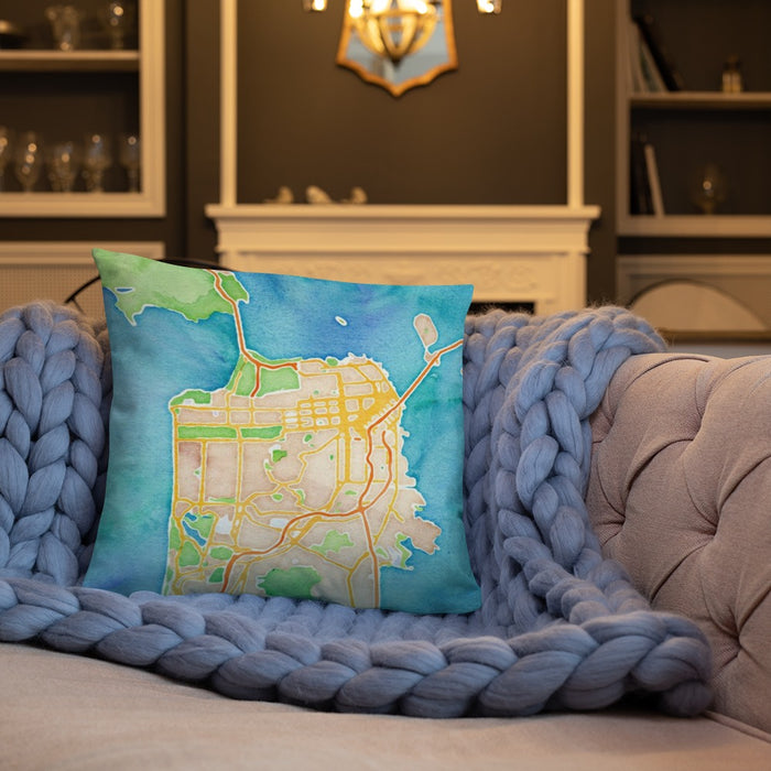Custom San Francisco California Map Throw Pillow in Watercolor on Cream Colored Couch