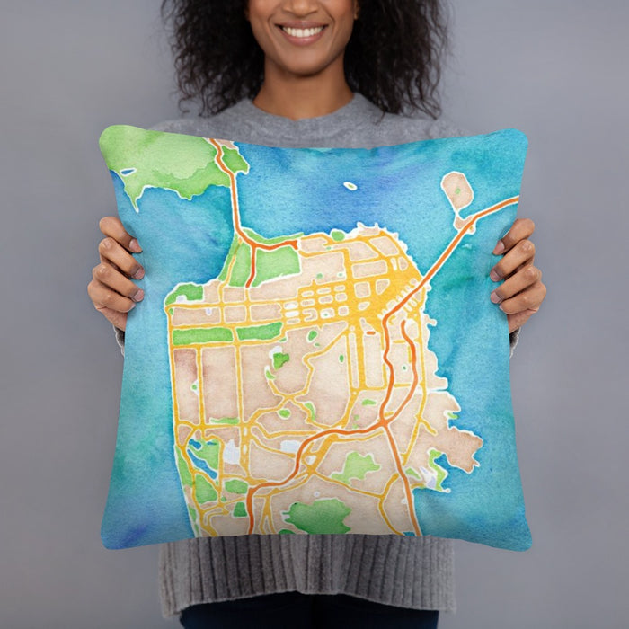Person holding 18x18 Custom San Francisco California Map Throw Pillow in Watercolor