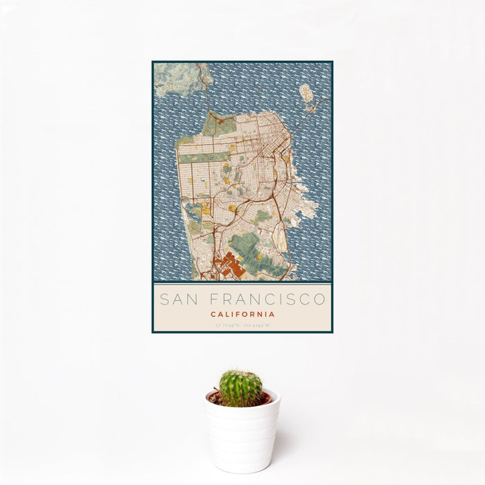 12x18 San Francisco California Map Print Portrait Orientation in Woodblock Style With Small Cactus Plant in White Planter