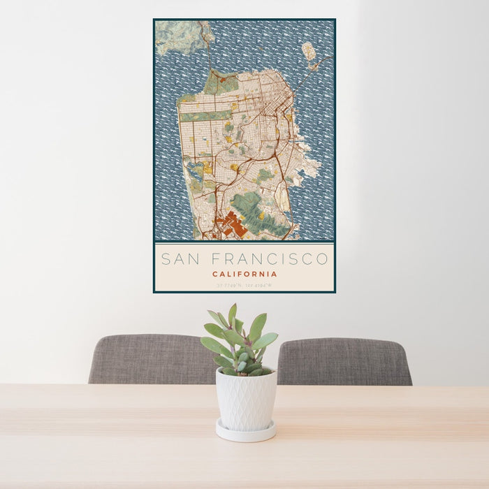 24x36 San Francisco California Map Print Portrait Orientation in Woodblock Style Behind 2 Chairs Table and Potted Plant