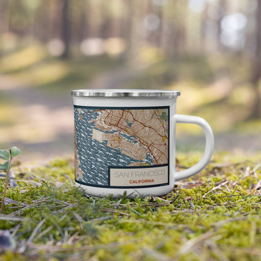 Right View Custom San Francisco California Map Enamel Mug in Woodblock on Grass With Trees in Background