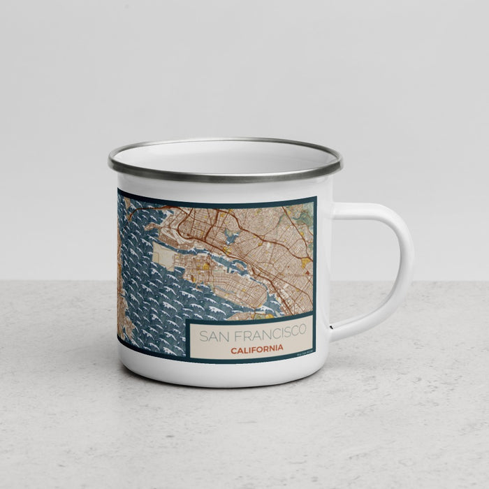 Right View Custom San Francisco California Map Enamel Mug in Woodblock