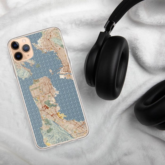 Custom San Francisco California Map Phone Case in Woodblock on Table with Black Headphones