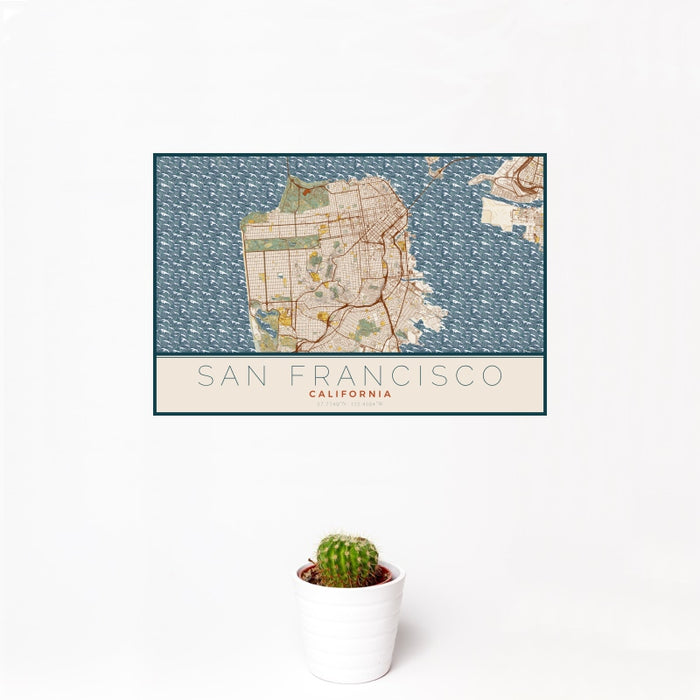 12x18 San Francisco California Map Print Landscape Orientation in Woodblock Style With Small Cactus Plant in White Planter