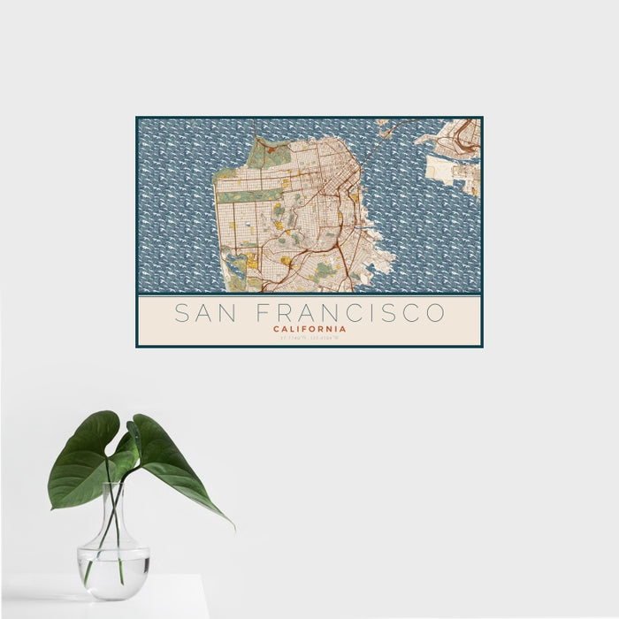 16x24 San Francisco California Map Print Landscape Orientation in Woodblock Style With Tropical Plant Leaves in Water