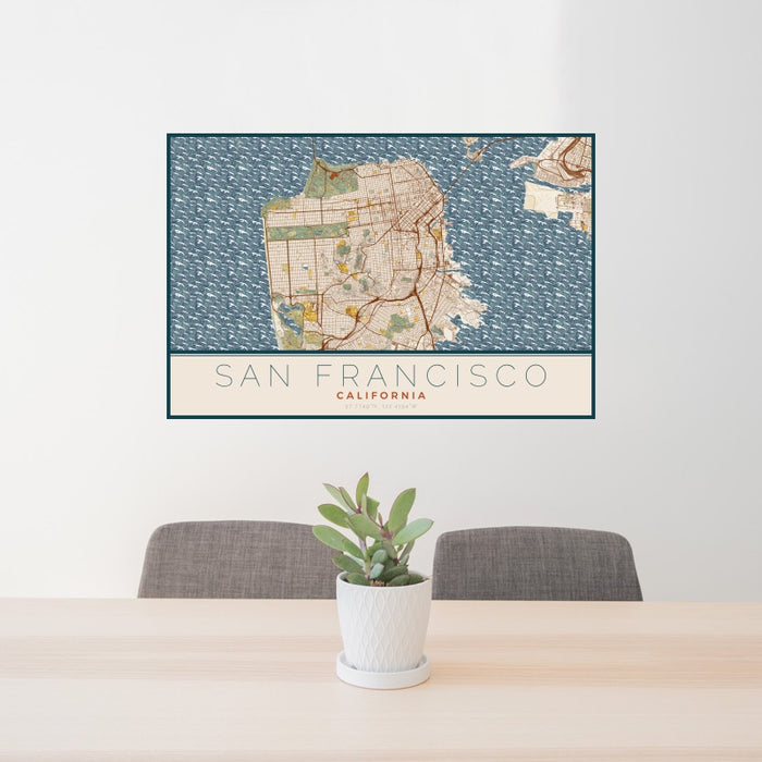 24x36 San Francisco California Map Print Landscape Orientation in Woodblock Style Behind 2 Chairs Table and Potted Plant